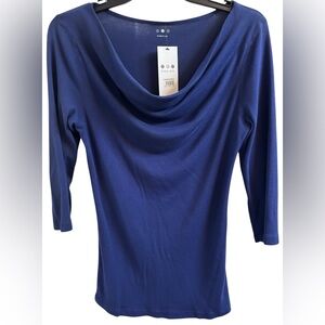 NORDSTROM THREE DOTS Cowl Neck 3/4 Sleeve Slim Fit Top In Royal Blue Sz S/M✨NWT✨